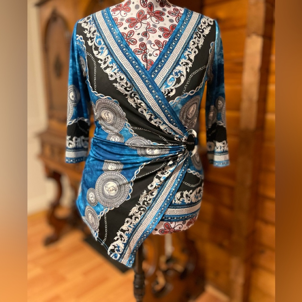 Joseph Ribkoff Baroque Chain Print Wrap Blouse Ring Tunic Blue Black 8